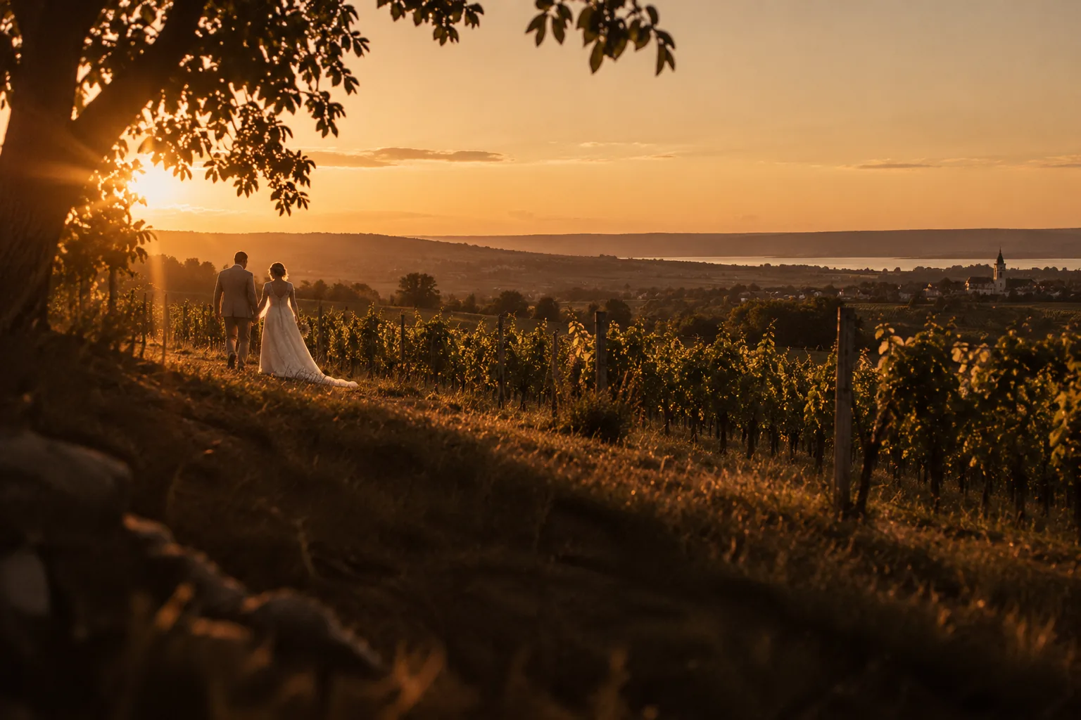 Brautpaar im Weinberg bei Sonnenuntergang