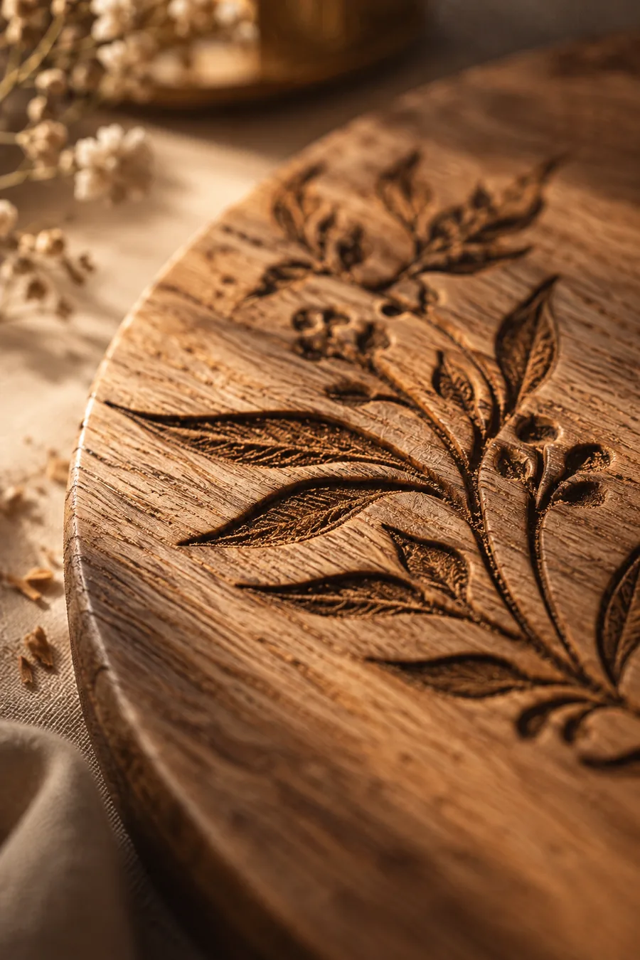 Lasergravur eines botanischen Motivs in Eichenholz