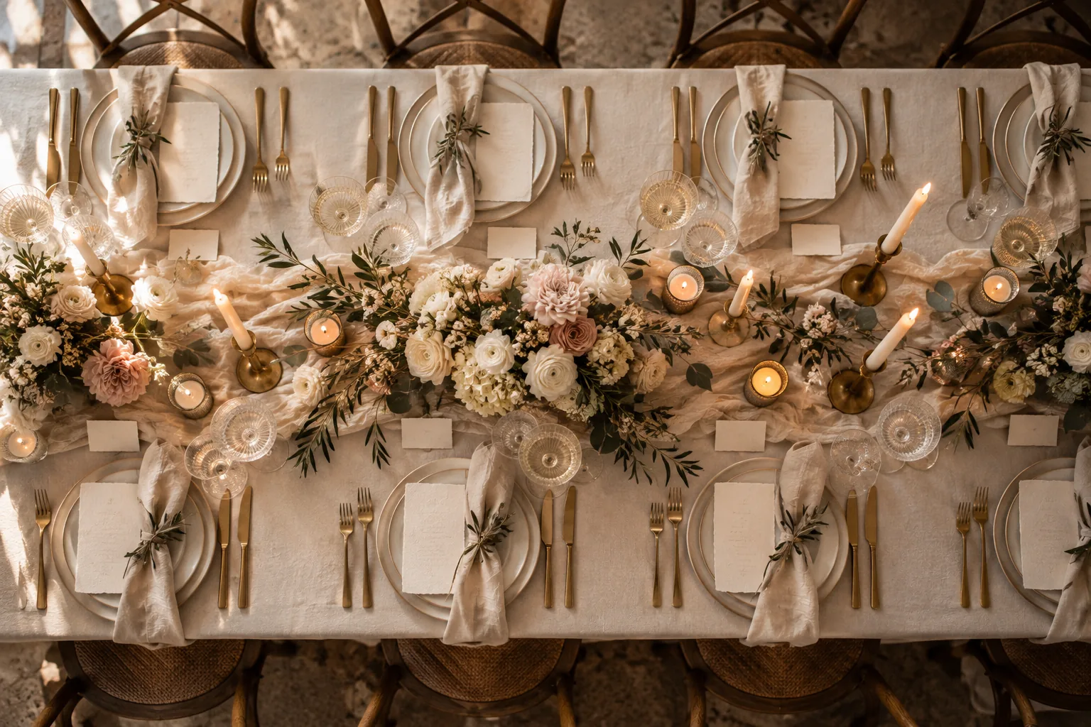 Gedeckte Hochzeitstafel von oben