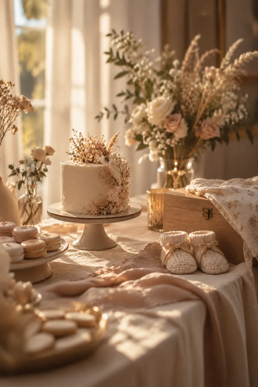 Babyparty — Torte, Blumen und Babyschuhe im Fensterlicht